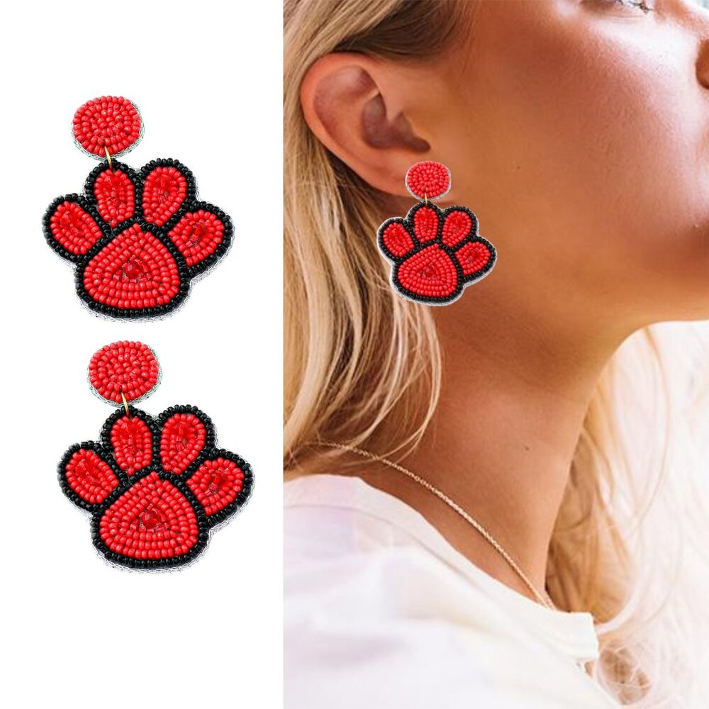 Black Red Football UGA Bulldogs Georgia PAWS Beaded with Red Crystals NEW